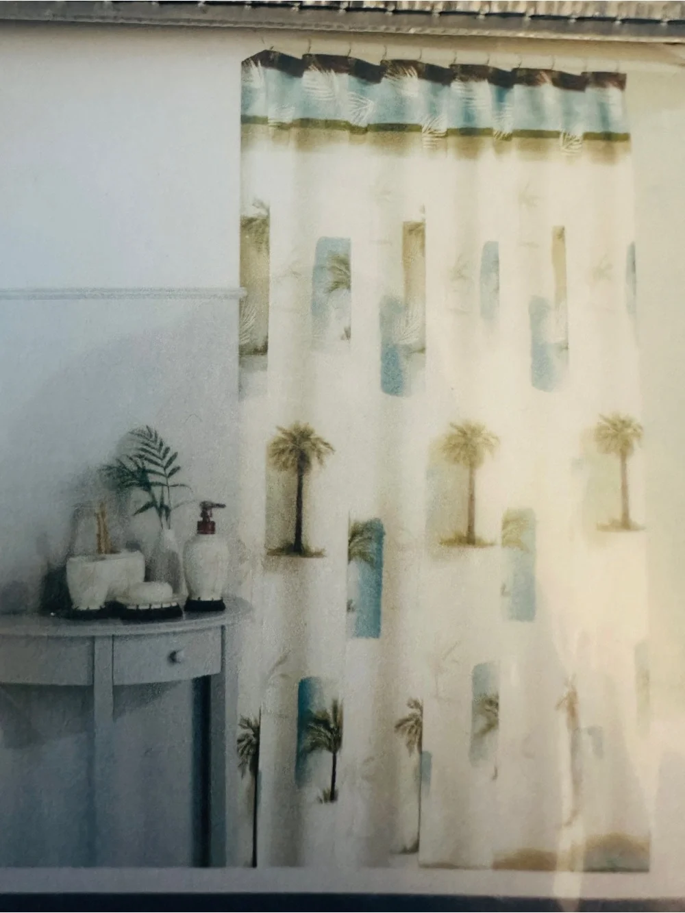 NWT Tropical Palm Isle Shower Curtain in Cream Brown and Blue